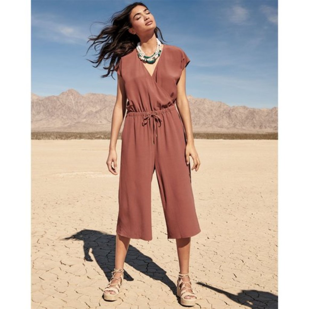 Eileen Fisher Tencel Crepe Cropped Wide Leg Drawstring Jumpsuit Sz M
